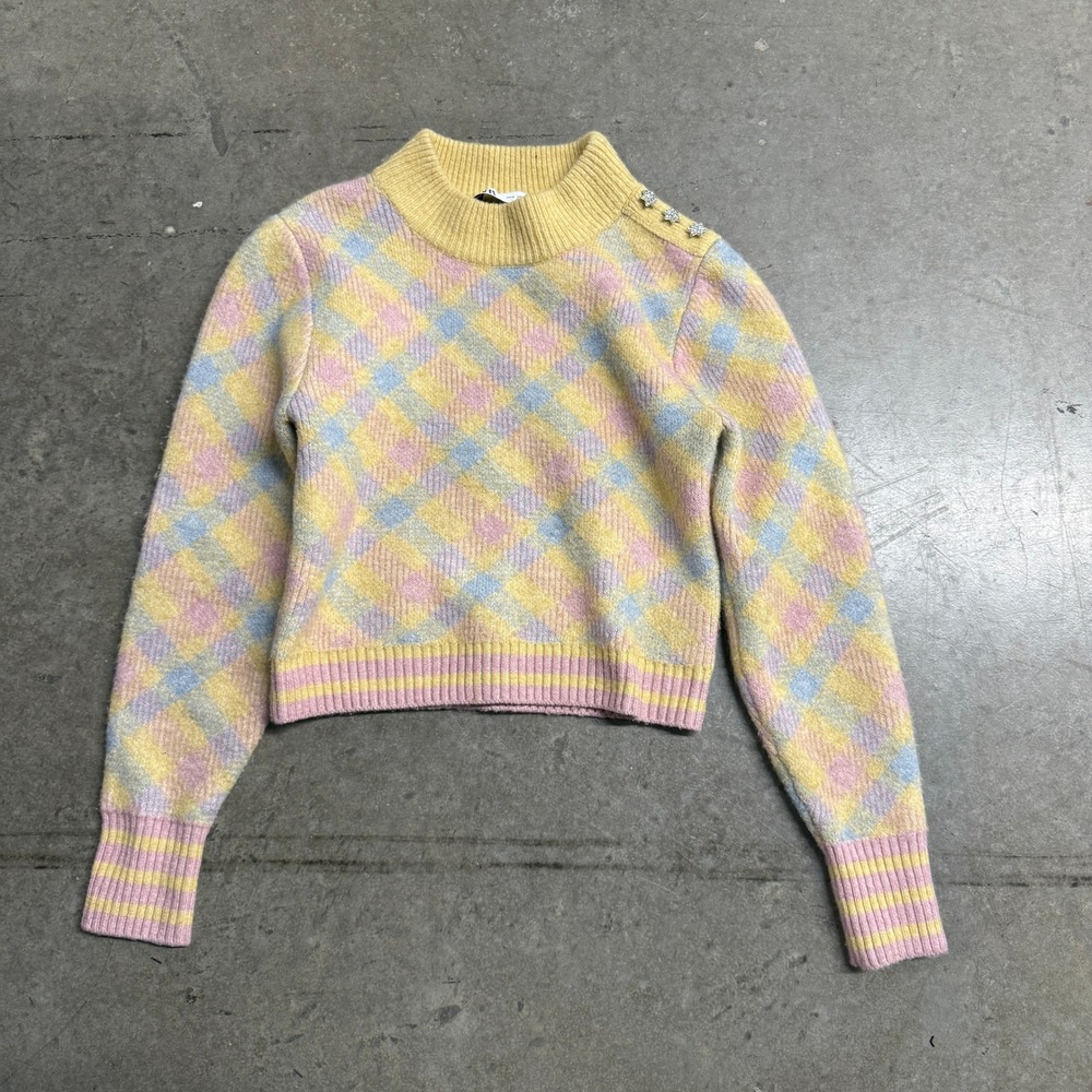 Zara Women Pastel Plaid‎ Mock Neck Sweater Yellow Pink Blue Star Buttons Small